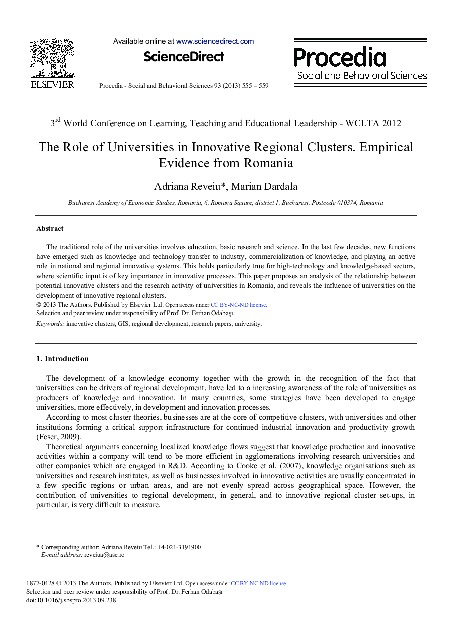 The Role of Universities in Innovative Regional Clusters. Empirical Evidence from Romania 