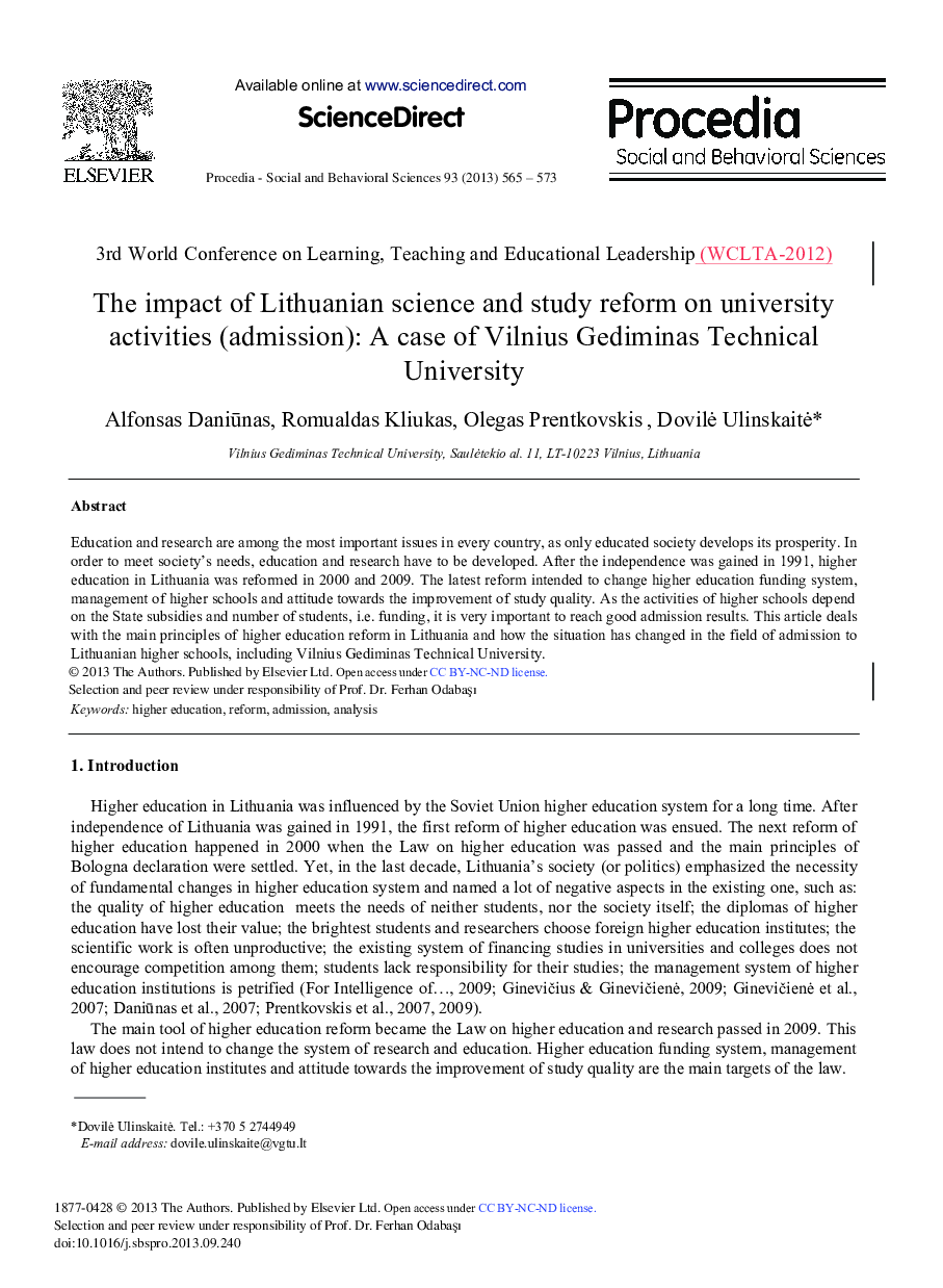 The Impact of Lithuanian Science and Study Reform on University Activities (Admission): A Case of Vilnius Gediminas Technical University 