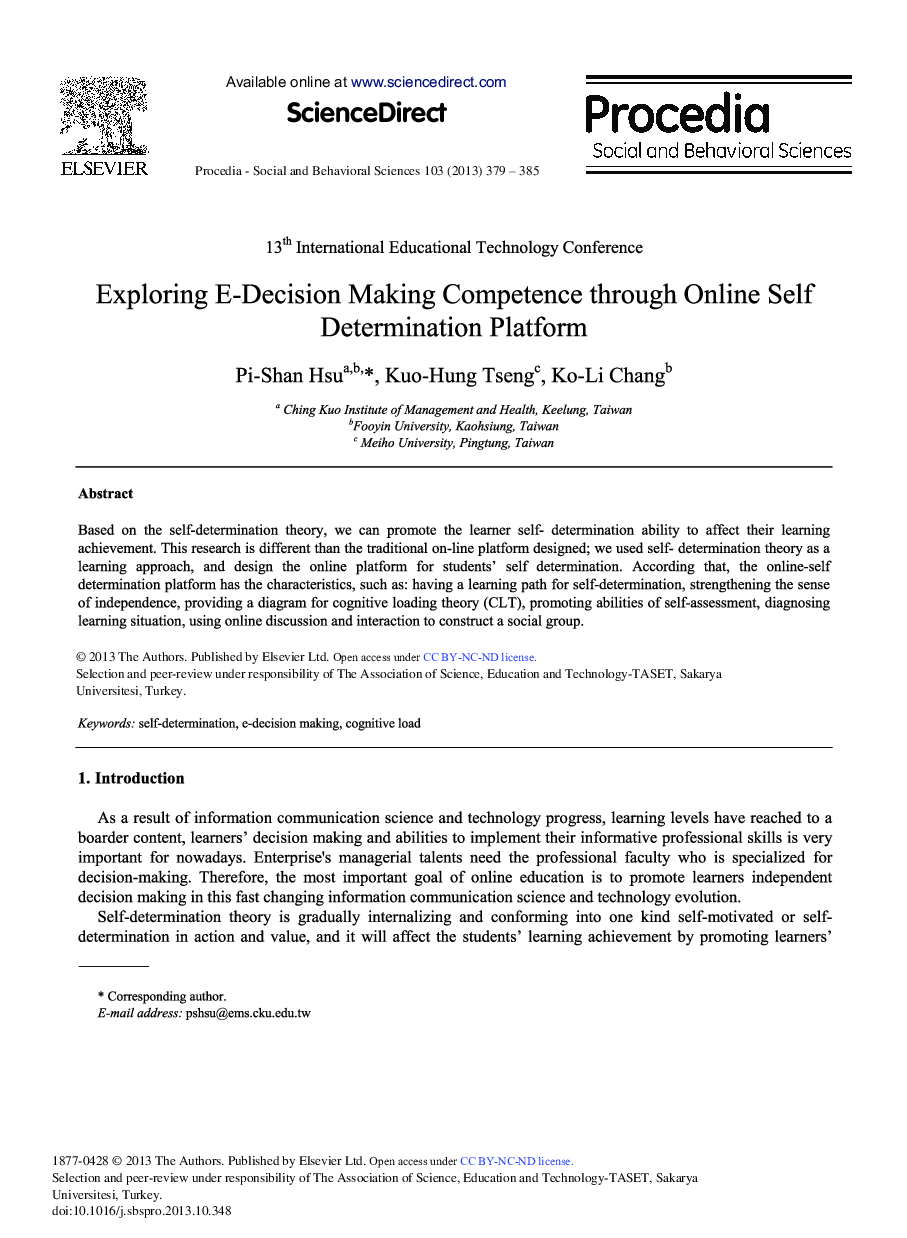 عکس صفحه اول مقاله: Exploring E-decision Making Competence through Online Self Determination Platform Exploring E-decision Making Competence through Online Self Determination Platform