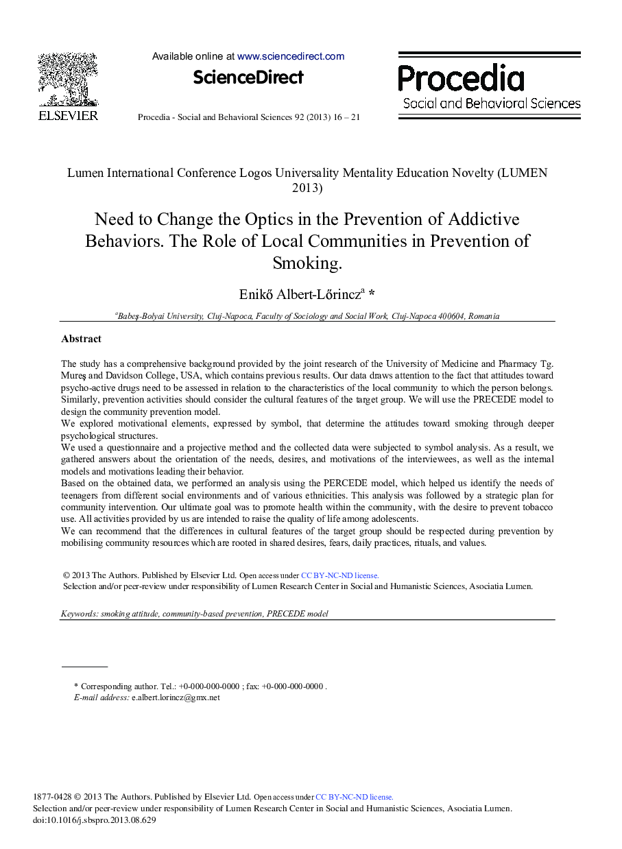 Need to Change the Optics in the Prevention of Addictive Behaviors. The Role of Local Communities in Prevention of Smoking 