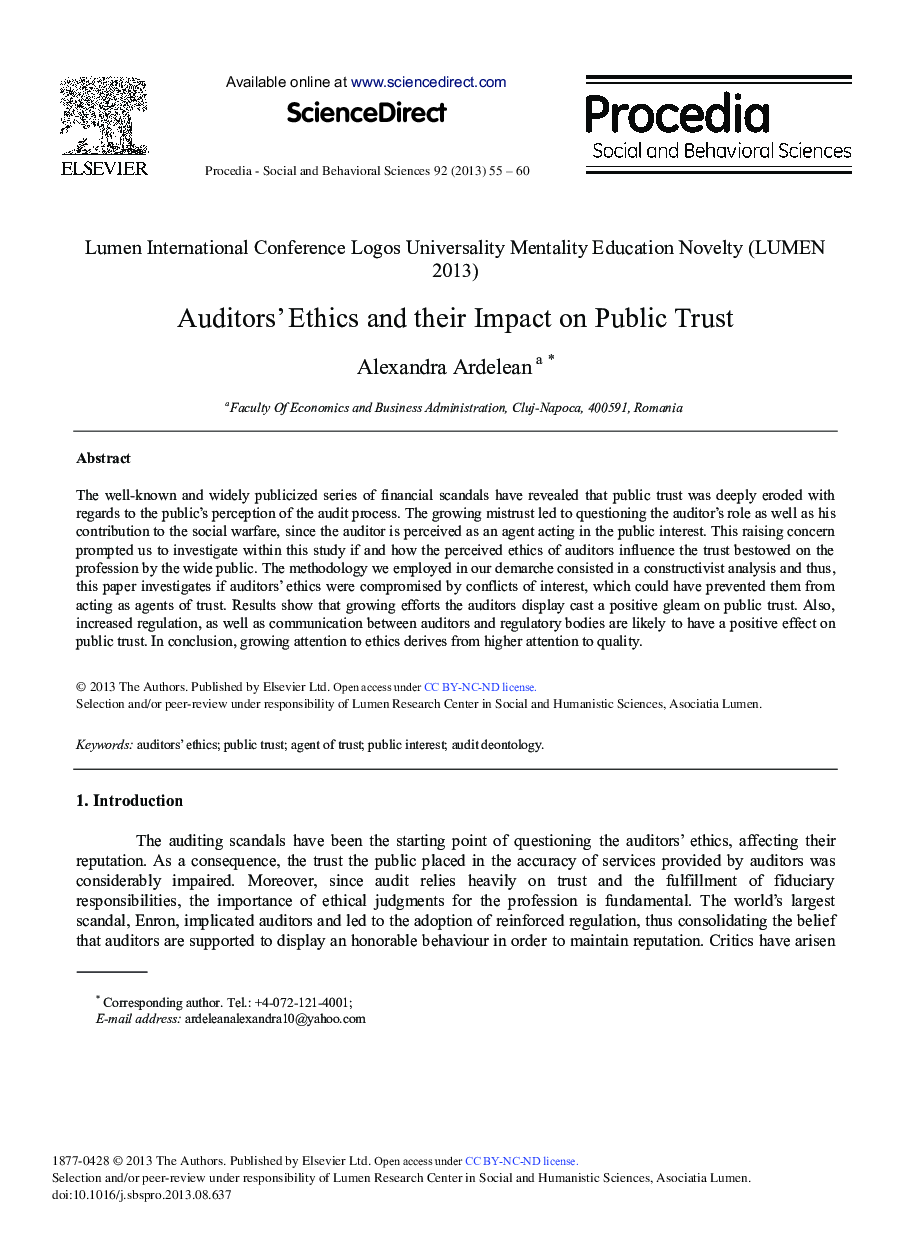 Auditors’ Ethics and their Impact on Public Trust 