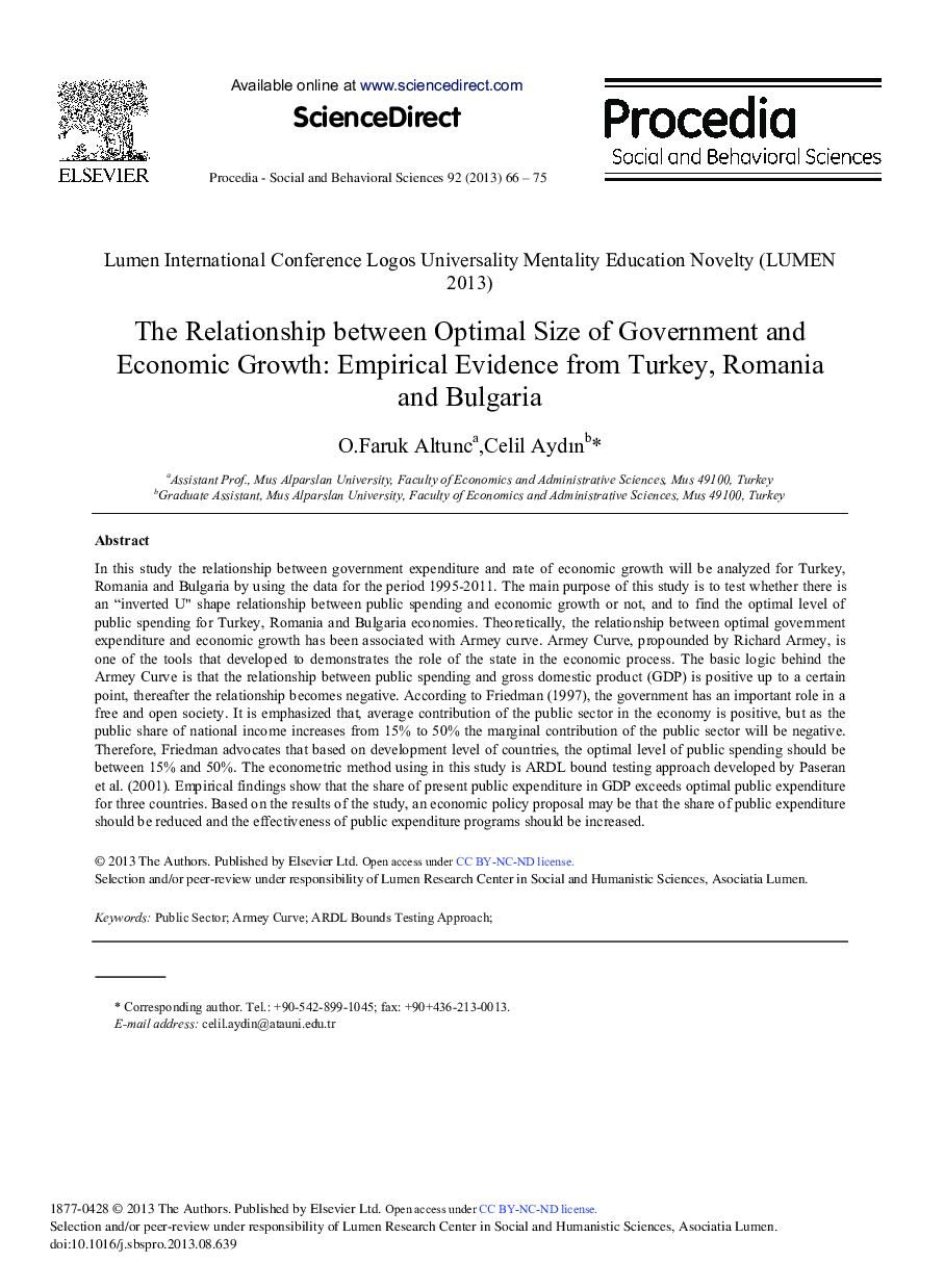 The Relationship between Optimal Size of Government and Economic Growth: Empirical Evidence from Turkey, Romania and Bulgaria 