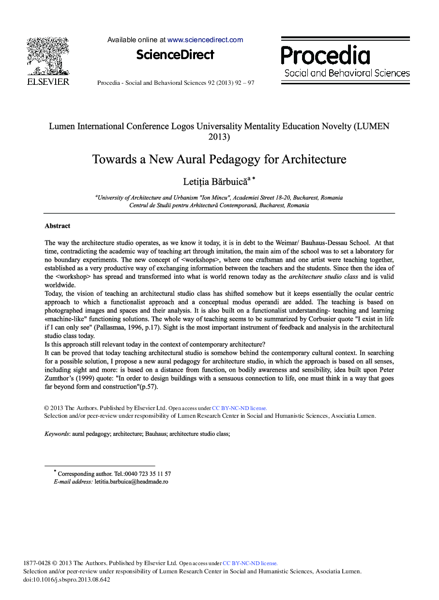 Towards a New Aural Pedagogy for Architecture 