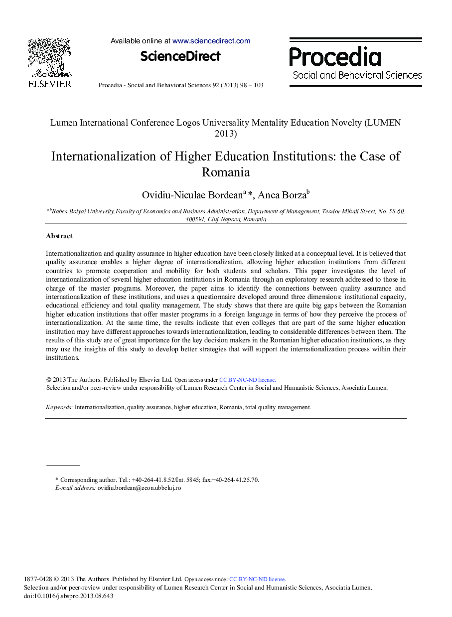 Internationalization of Higher Education Institutions: The Case of Romania 