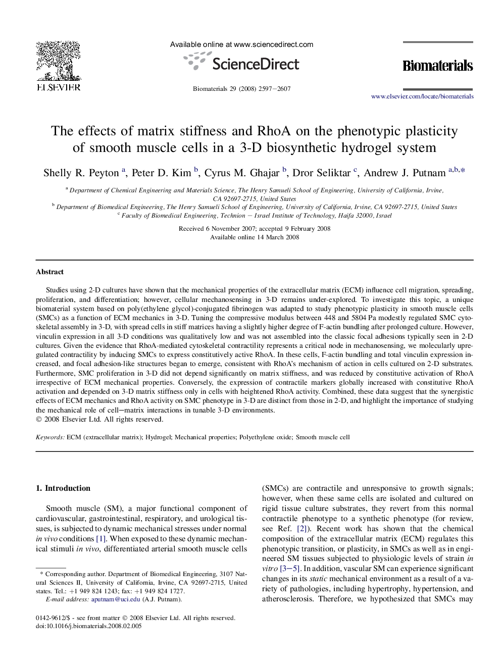 The effects of matrix stiffness and RhoA on the phenotypic plasticity of smooth muscle cells in a 3-D biosynthetic hydrogel system