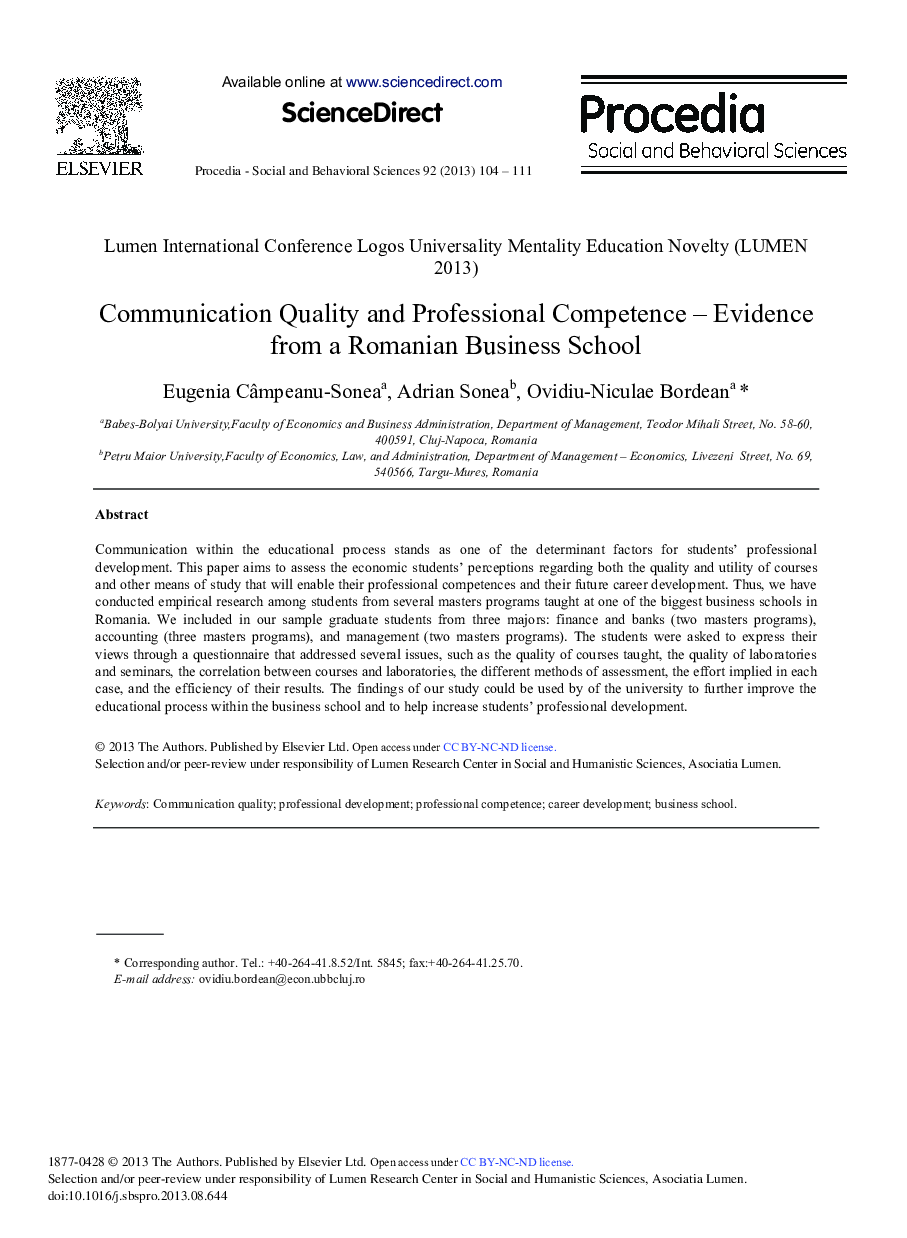 Communication Quality and Professional Competence – Evidence from a Romanian Business School 