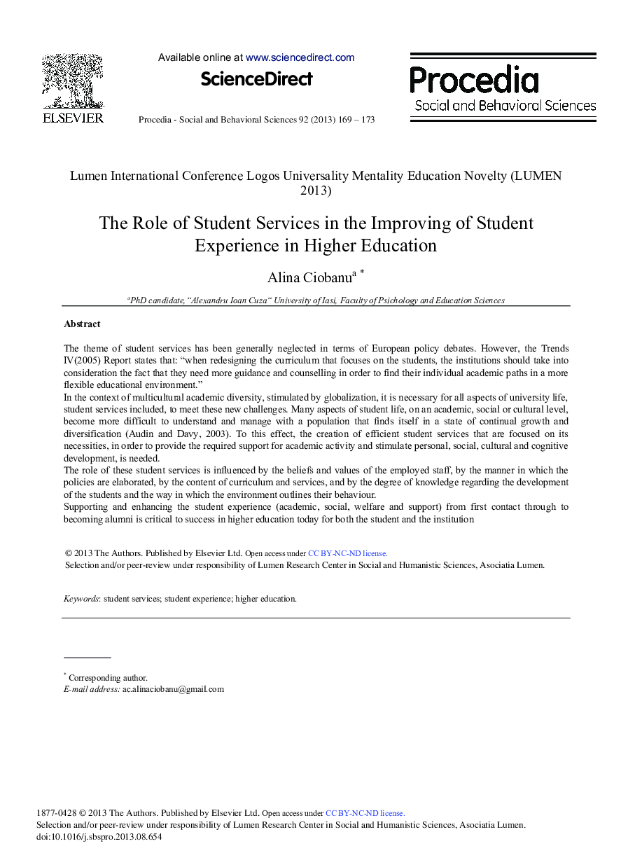 The Role of Student Services in the Improving of Student Experience in Higher Education 