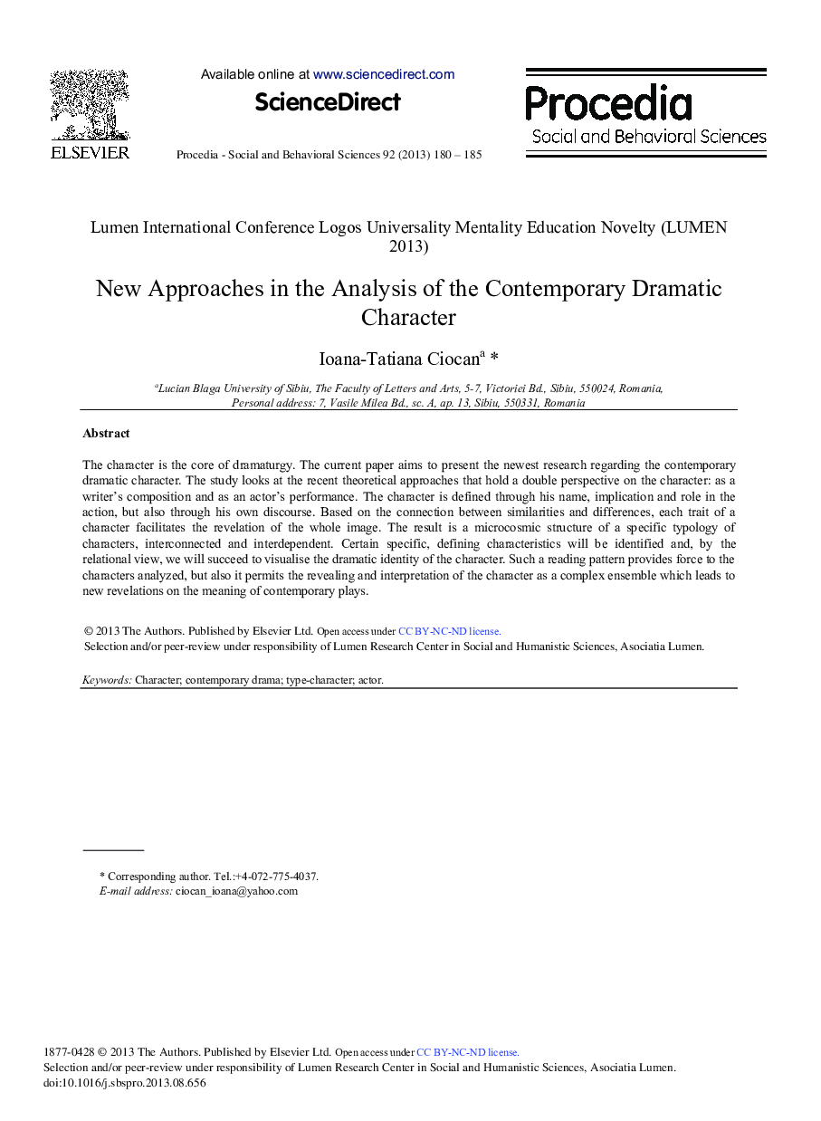 New Approaches in the Analysis of the Contemporary Dramatic Character 