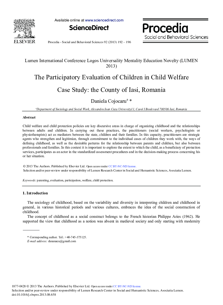 The Participatory Evaluation of Children in Child Welfare Case Study: The County of Iasi, Romania 