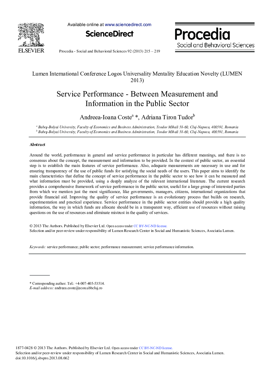 Service Performance - Between Measurement and Information in the Public Sector 