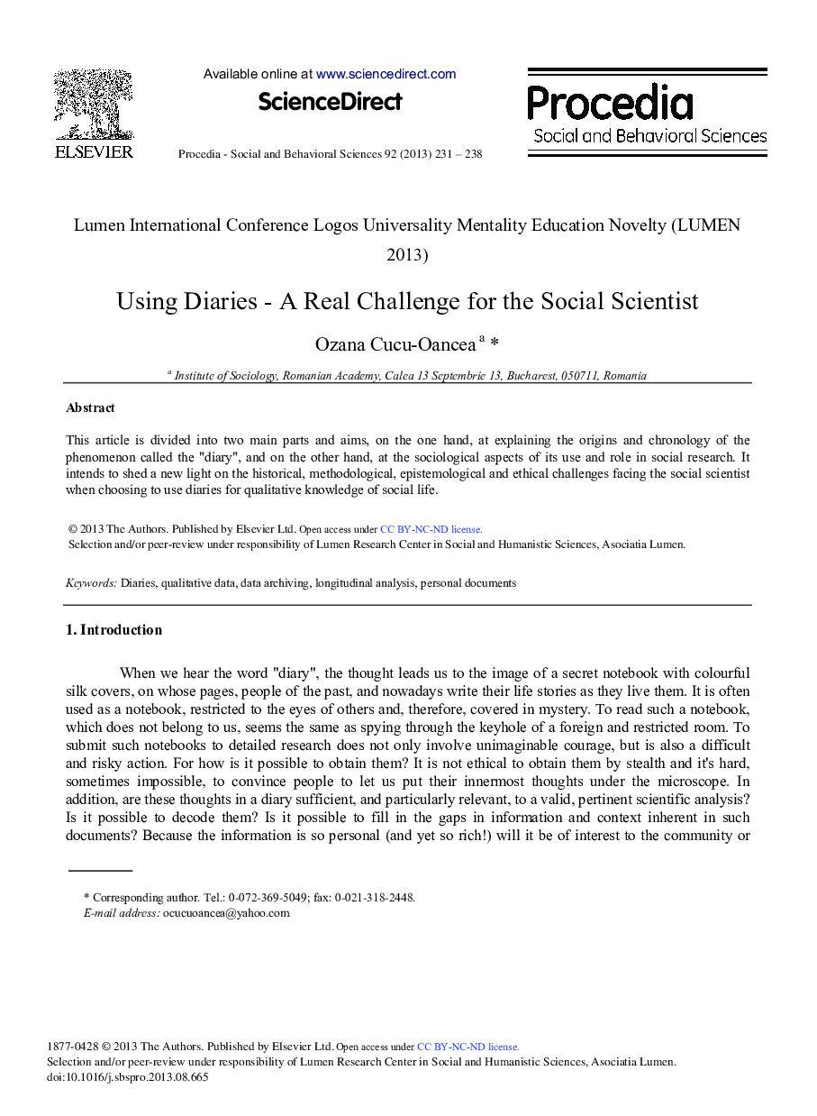 Using Diaries - A Real Challenge for the Social Scientist 