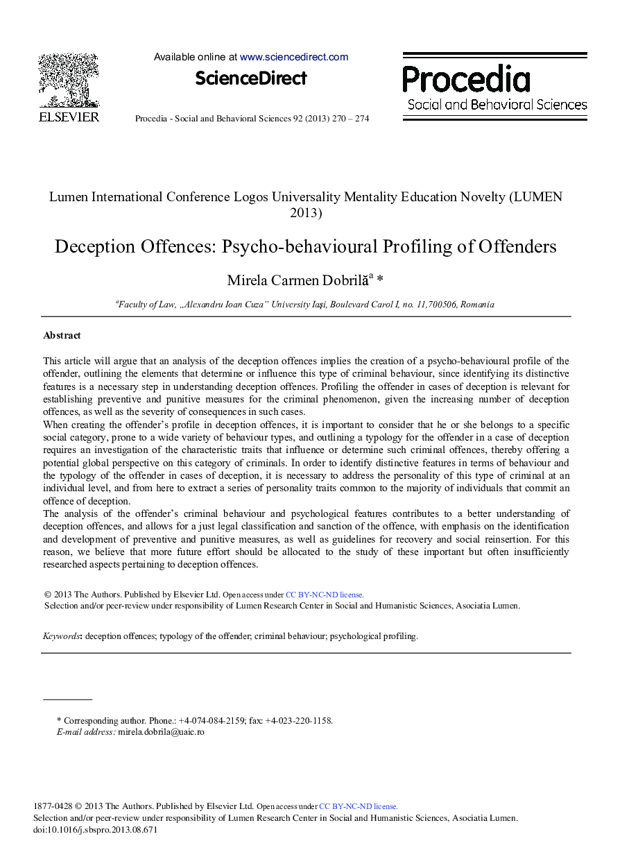 Deception Offences: Psycho-behavioural Profiling of Offenders 