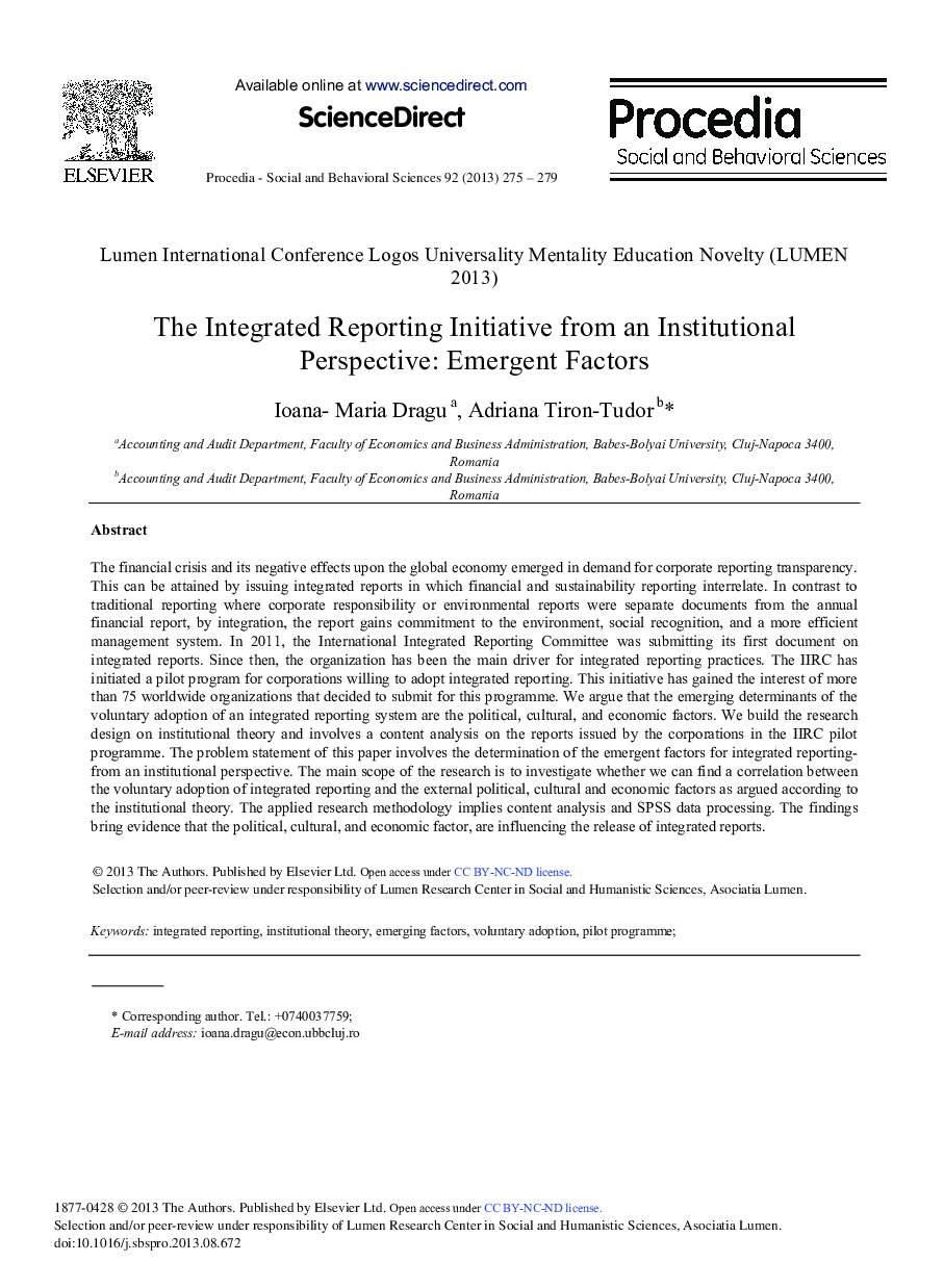 The Integrated Reporting Initiative from an Institutional Perspective: Emergent Factors 