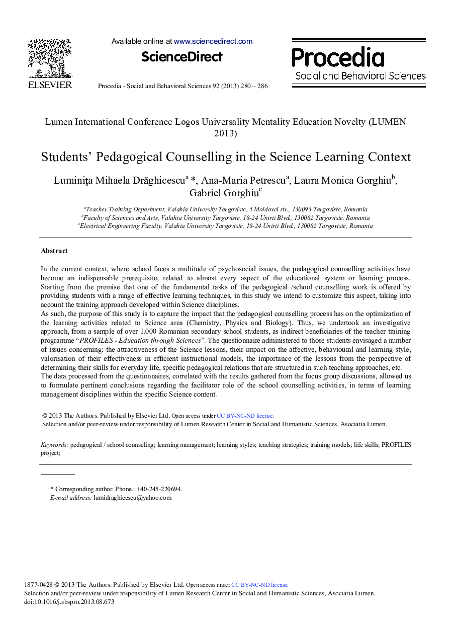 Students' Pedagogical Counselling in the Science Learning Context