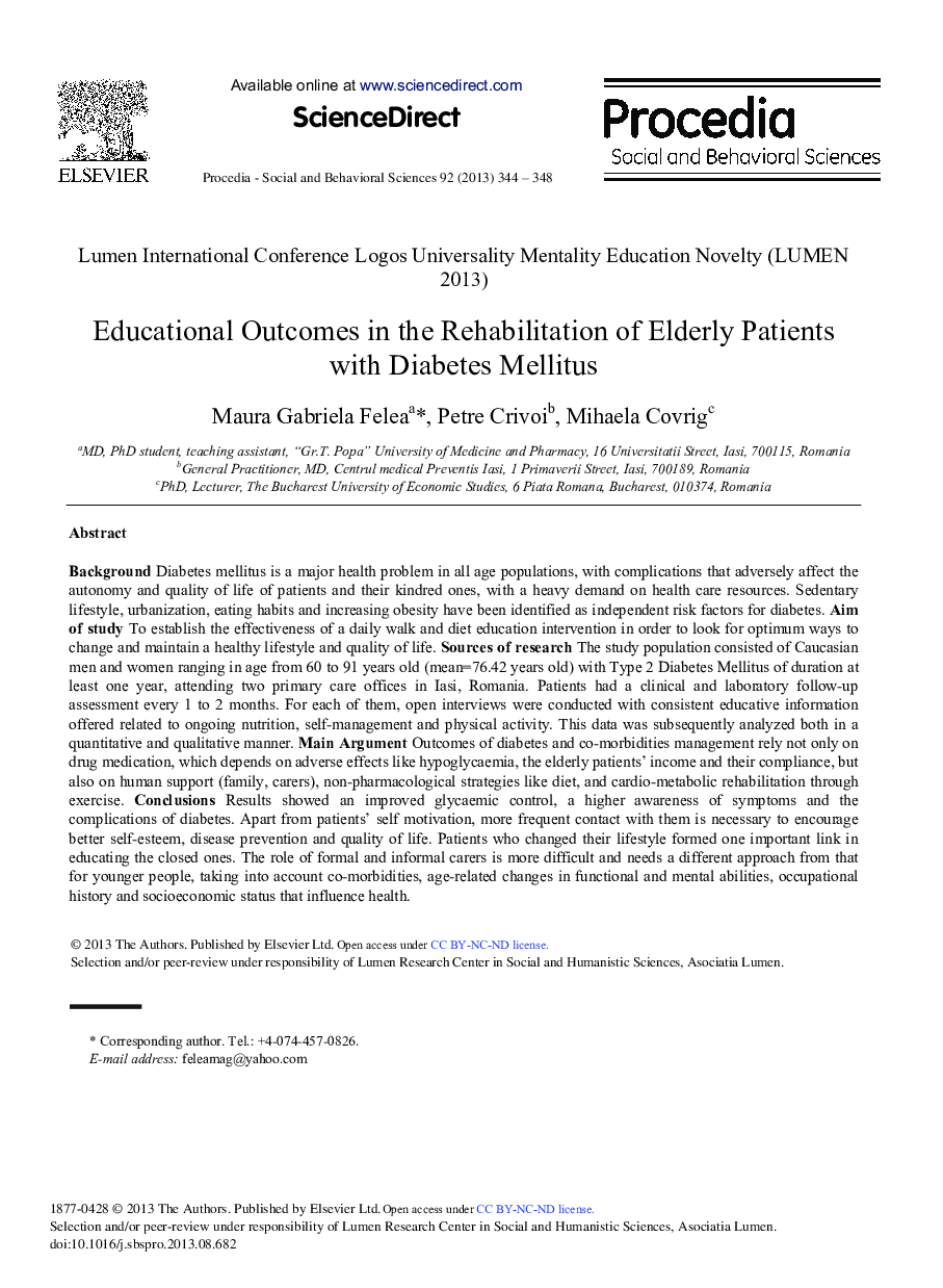 Educational Outcomes in the Rehabilitation of Elderly Patients with Diabetes Mellitus 