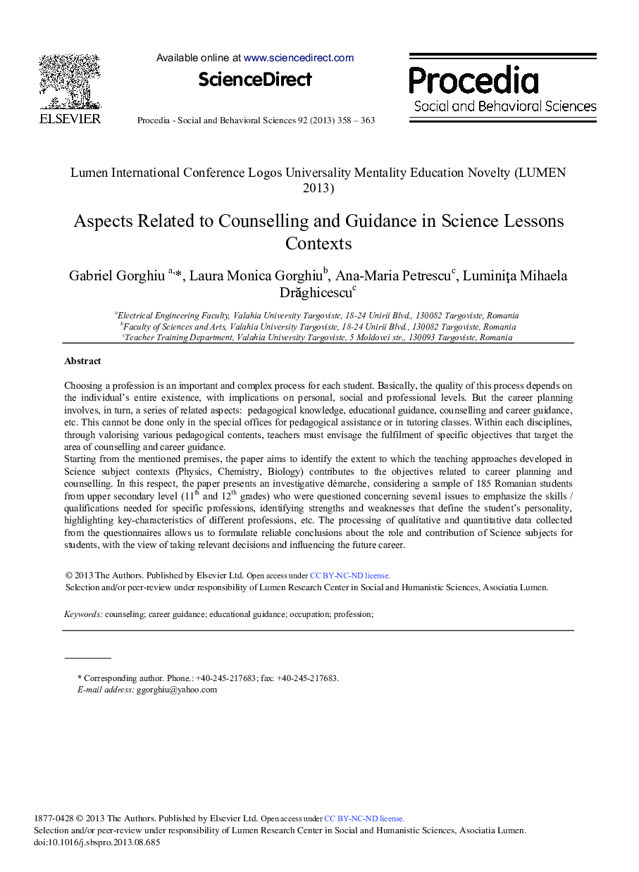 Aspects Related to Counselling and Guidance in Science Lessons Contexts 