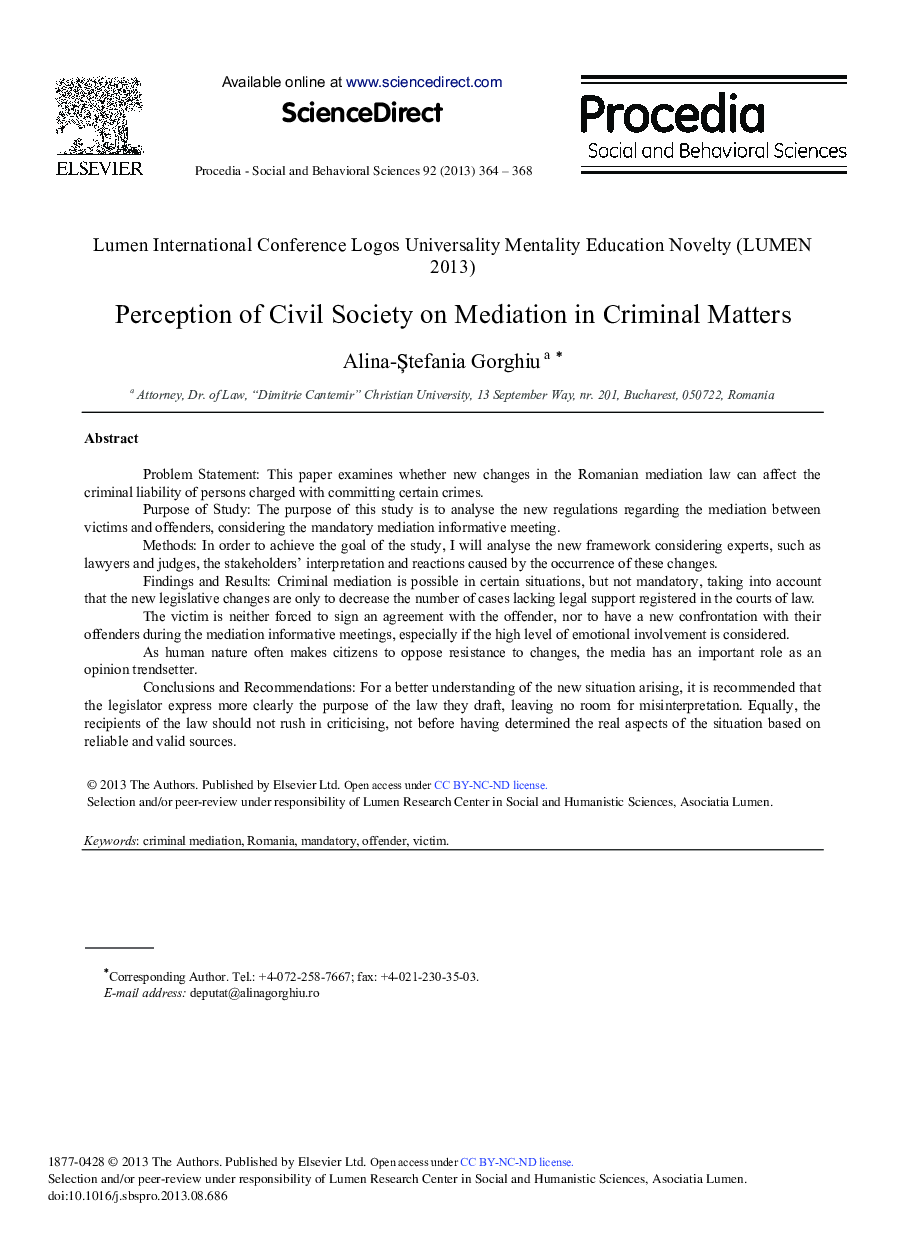 Perception of Civil Society on Mediation in Criminal Matters 