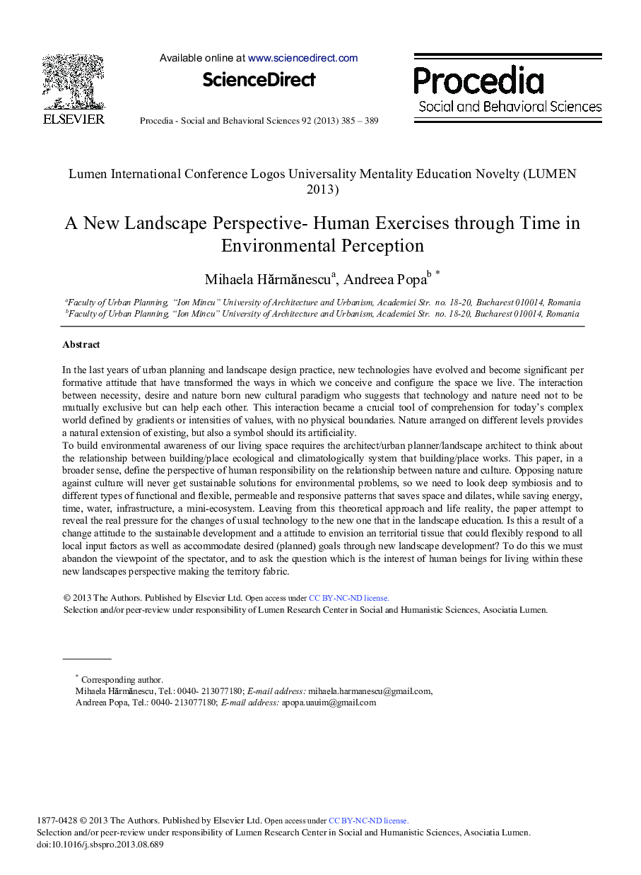 A New Landscape Perspective- Human Exercises through Time in Environmental Perception 