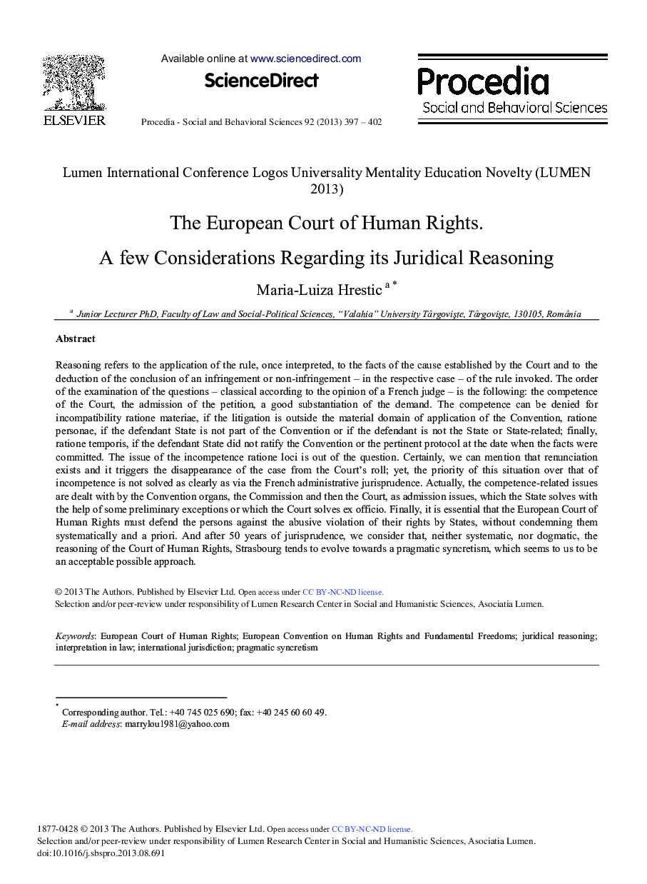 The European Court of Human Rights. A Few Considerations Regarding its Juridical Reasoning 