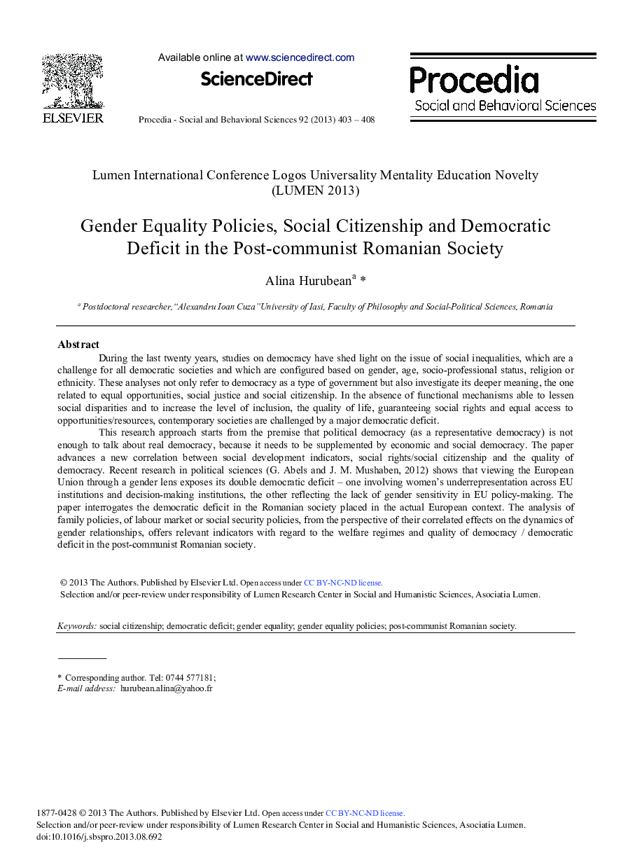 Gender Equality Policies, Social Citizenship and Democratic Deficit in the Post-communist Romanian Society