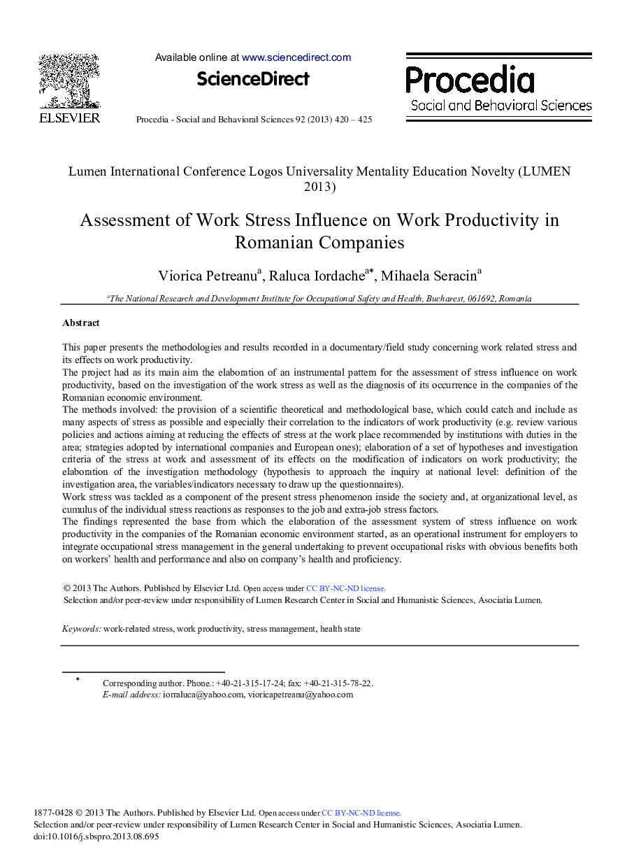 Assessment of Work Stress Influence on Work Productivity in Romanian Companies 