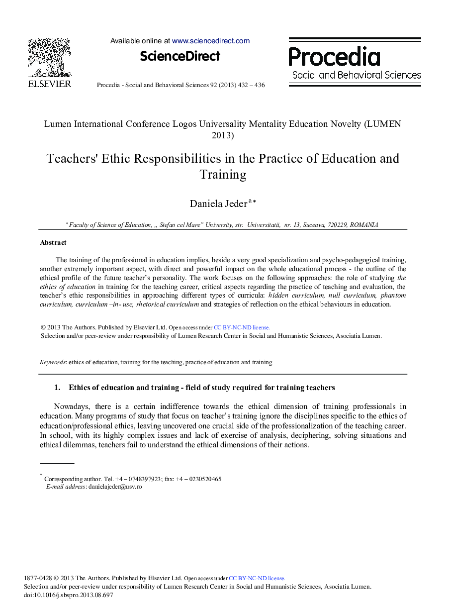Teachers’ Ethic Responsibilities in the Practice of Education and Training 