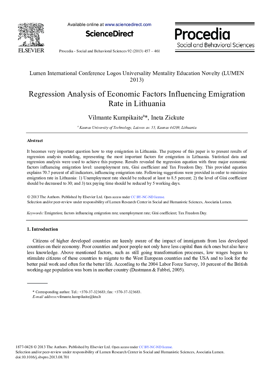 Regression Analysis of Economic Factors Influencing Emigration Rate in Lithuania 