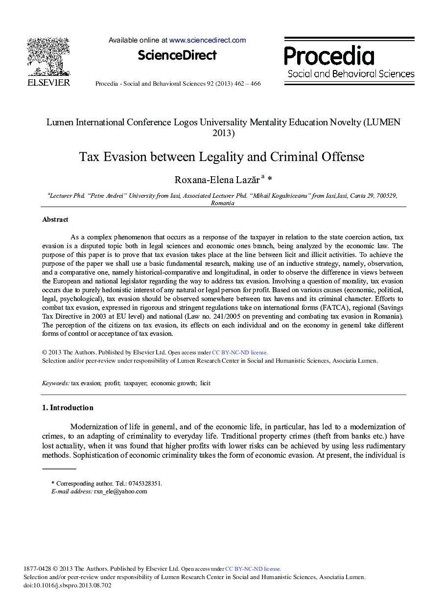 Tax Evasion between Legality and Criminal Offense 