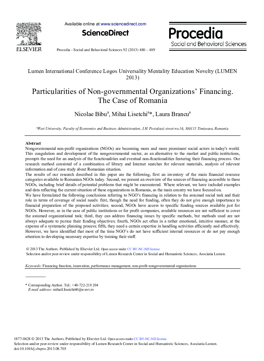 Particularities of Non-governmental Organizations’ Financing.The Case of Romania 