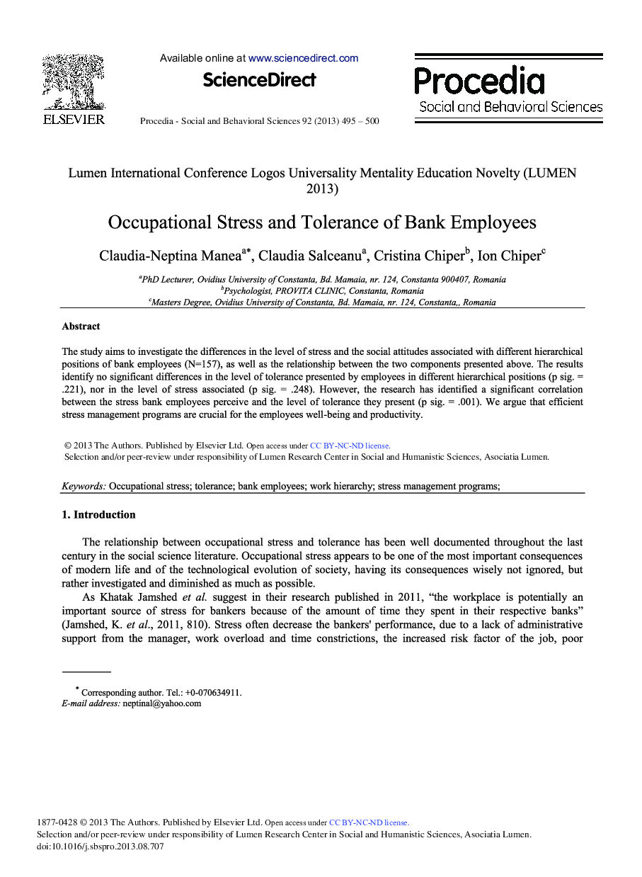 Occupational Stress and Tolerance of Bank Employees 