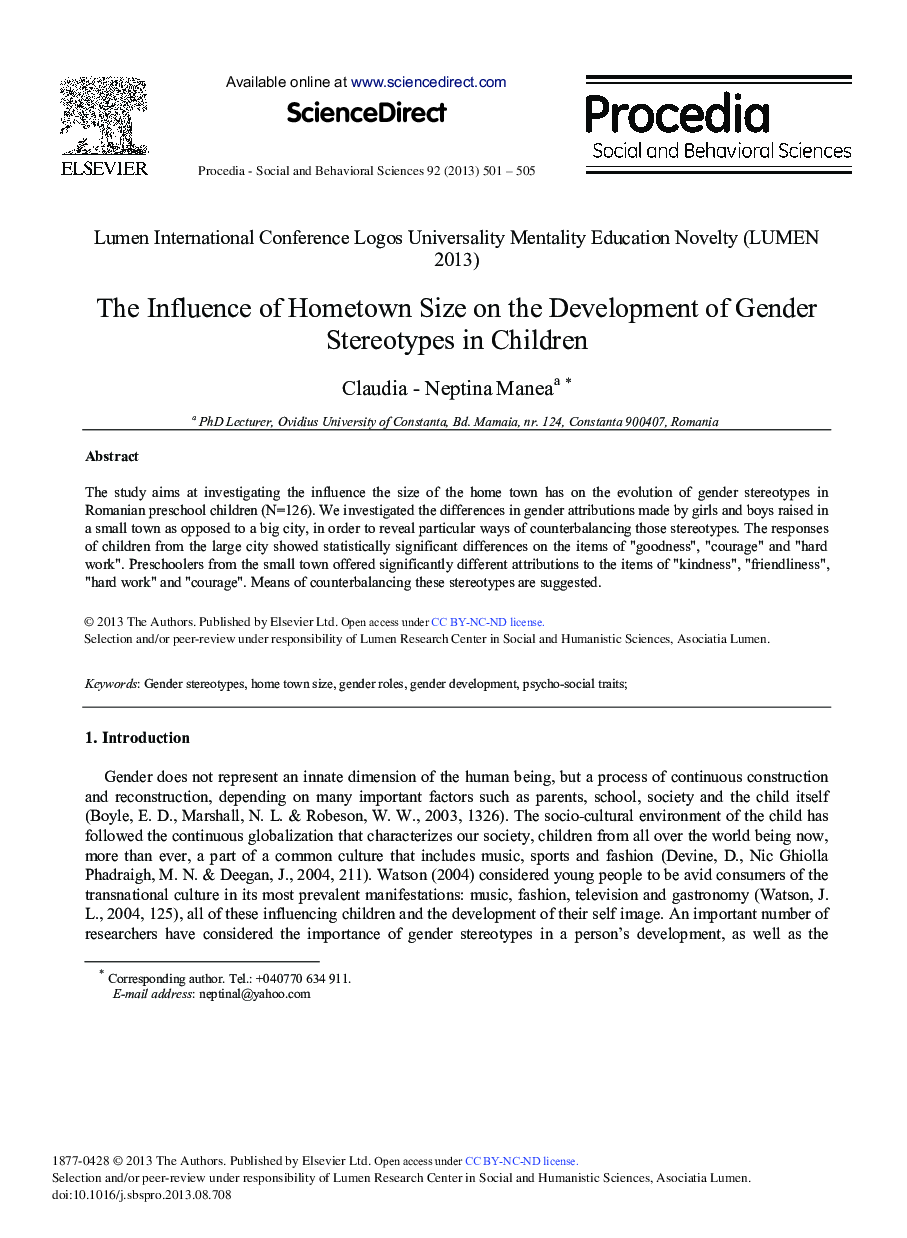 The Influence of Hometown Size on the Development of Gender Stereotypes in Children 