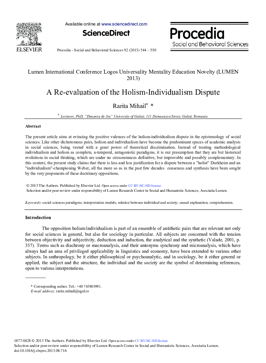 A Re-evaluation of the Holism-individualism Dispute 