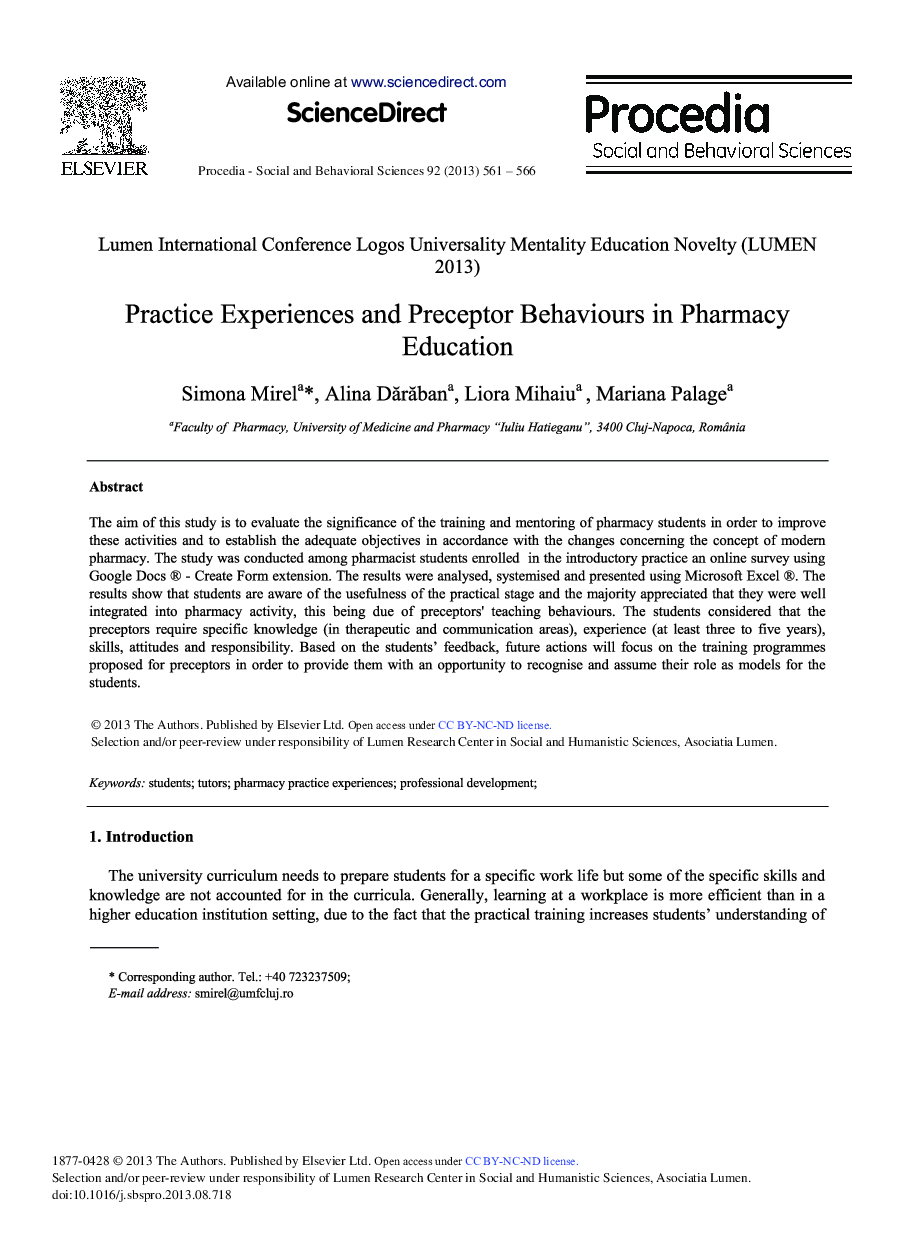 Practice Experiences and Preceptor Behaviours in Pharmacy Education 