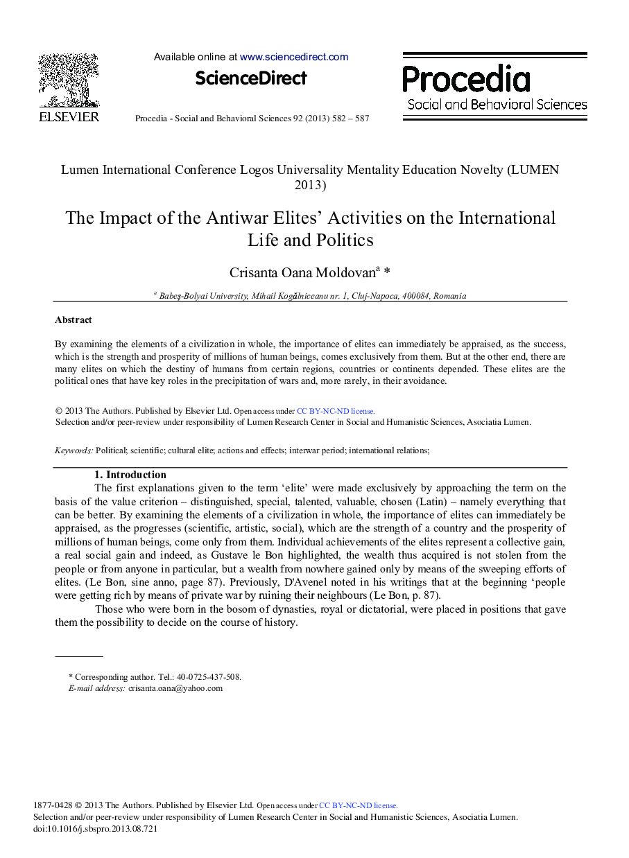 The Impact of the Antiwar Elites’ Activities on the International Life and Politics 
