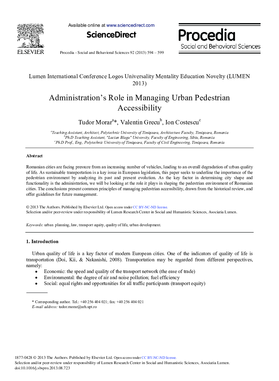 Administration's Role in Managing Urban Pedestrian Accessibility 