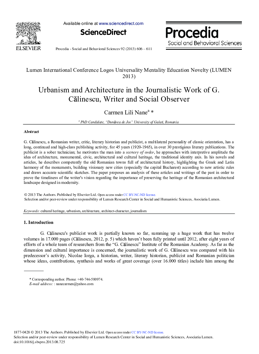 Urbanism and Architecture in the Journalistic Work of G. Călinescu, Writer and Social Observer 