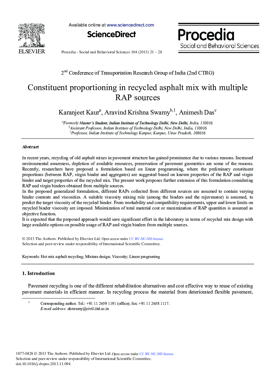 عکس صفحه اول مقاله: Constituent Proportioning in Recycled Asphalt Mix with Multiple RAP Sources Constituent Proportioning in Recycled Asphalt Mix with Multiple RAP Sources