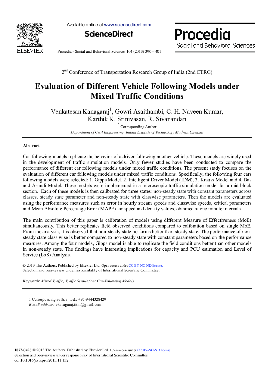 Evaluation of Different Vehicle Following Models Under Mixed Traffic Conditions 