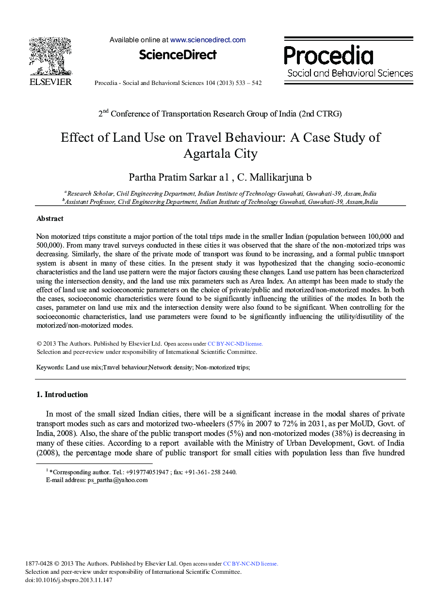 عکس صفحه اول مقاله: Effect of Land Use on Travel Behaviour: A Case Study of Agartala City Effect of Land Use on Travel Behaviour: A Case Study of Agartala City