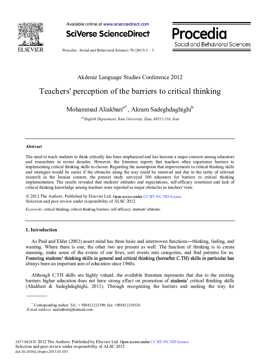 Teachers’ Perception of the Barriers to Critical Thinking 