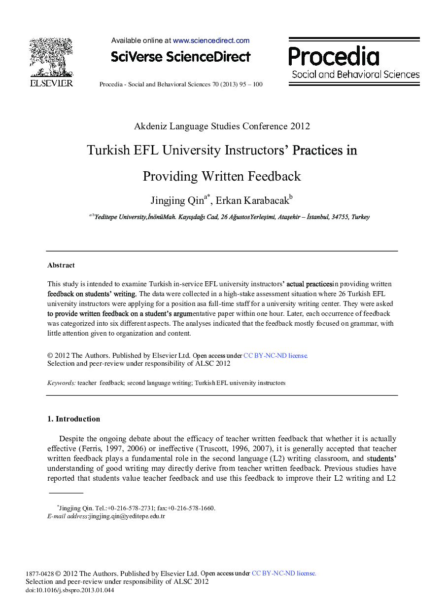 Turkish EFL University Instructors’ Practices in Providing Written Feedback 