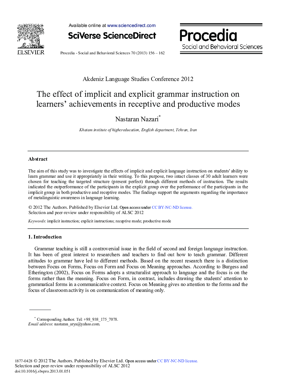 The Effect of Implicit and Explicit Grammar Instruction on Learners’ Achievements in Receptive and Productive Modes 