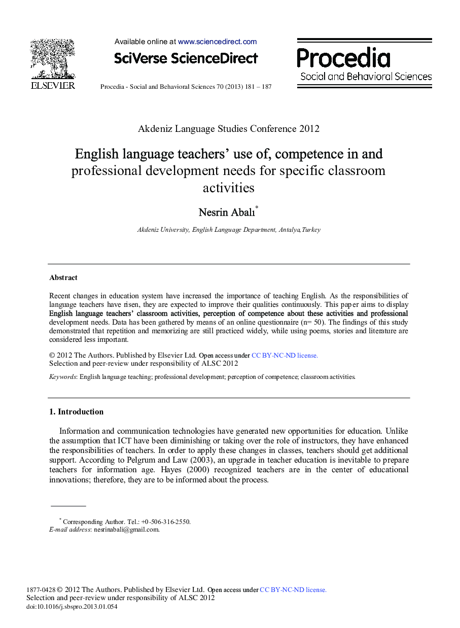 English Language Teachers’ use of, Competence in and Professional Development needs for Specific Classroom Activities 