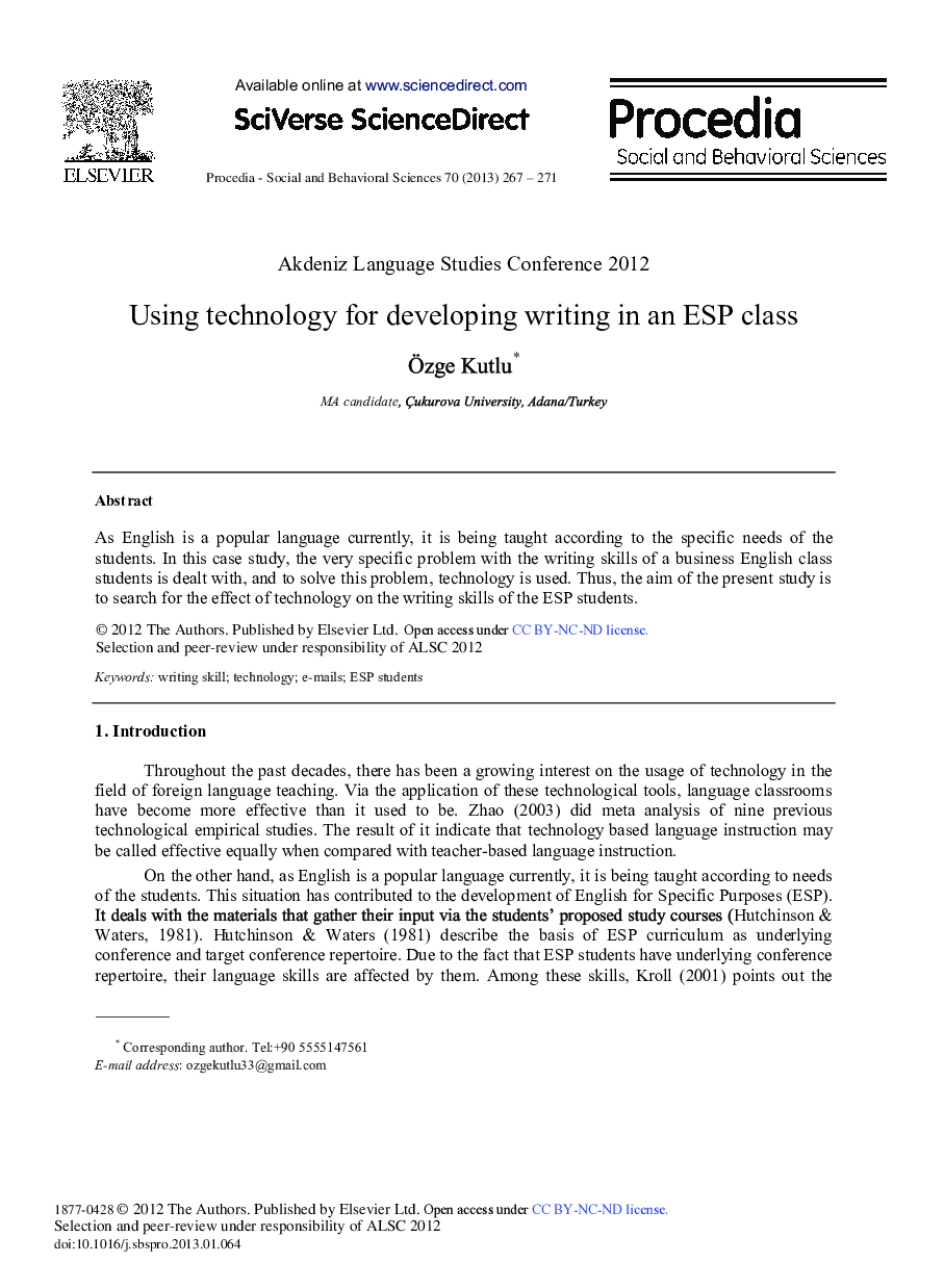 Using Technology for Developing Writing in an ESP Class 