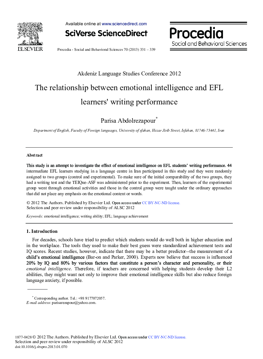 عکس صفحه اول مقاله: The Relationship between Emotional Intelligence and EFL Learners' Writing Performance The Relationship between Emotional Intelligence and EFL Learners' Writing Performance