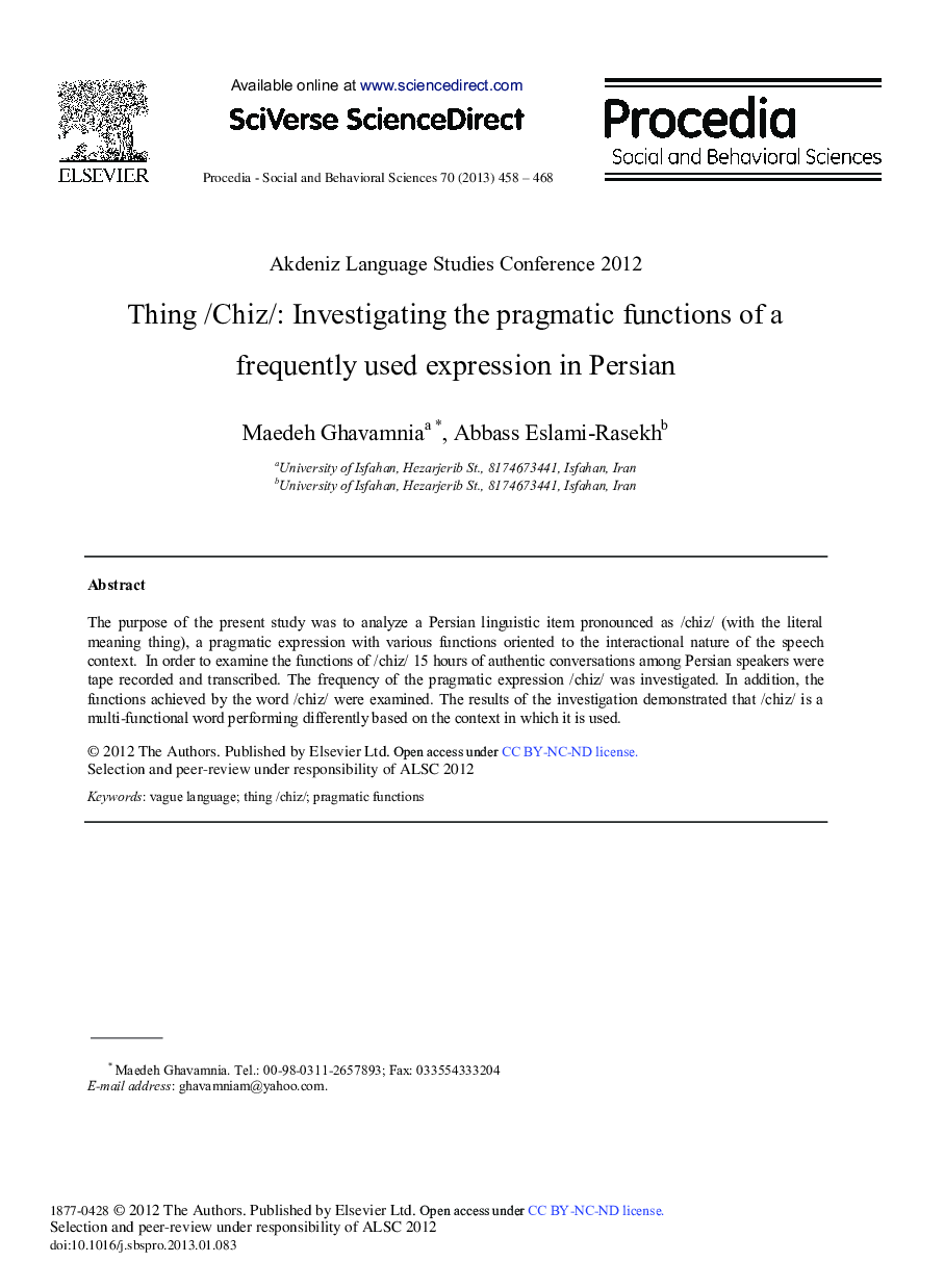 Thing/Chiz/: Investigating the Pragmatic Functions of a Frequently Used Expression in Persian 