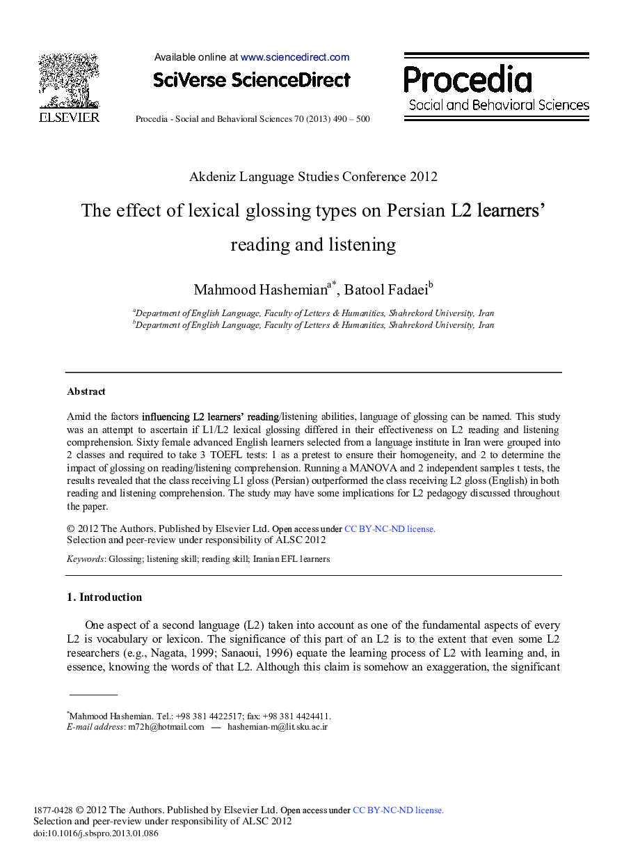 The Effect of Lexical Glossing Types on Persian L2 Learners’ Reading and Listening 