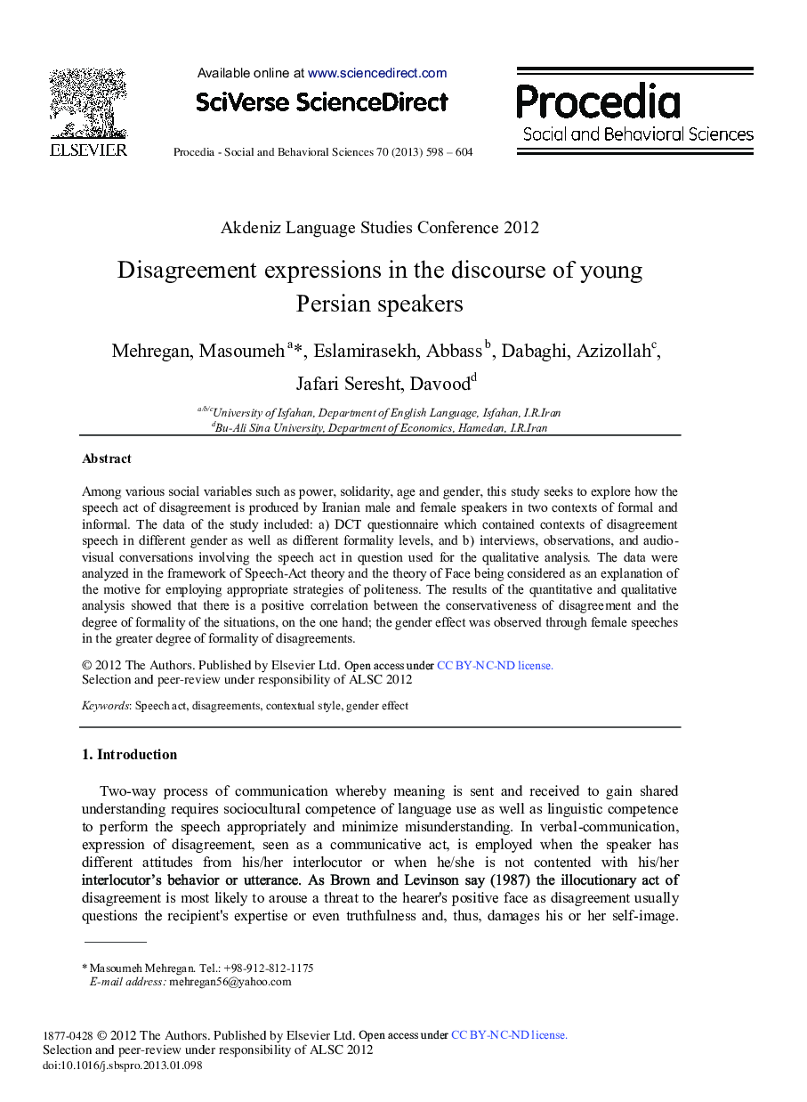 Disagreement Expressions in the Discourse of Young Persian Speakers 