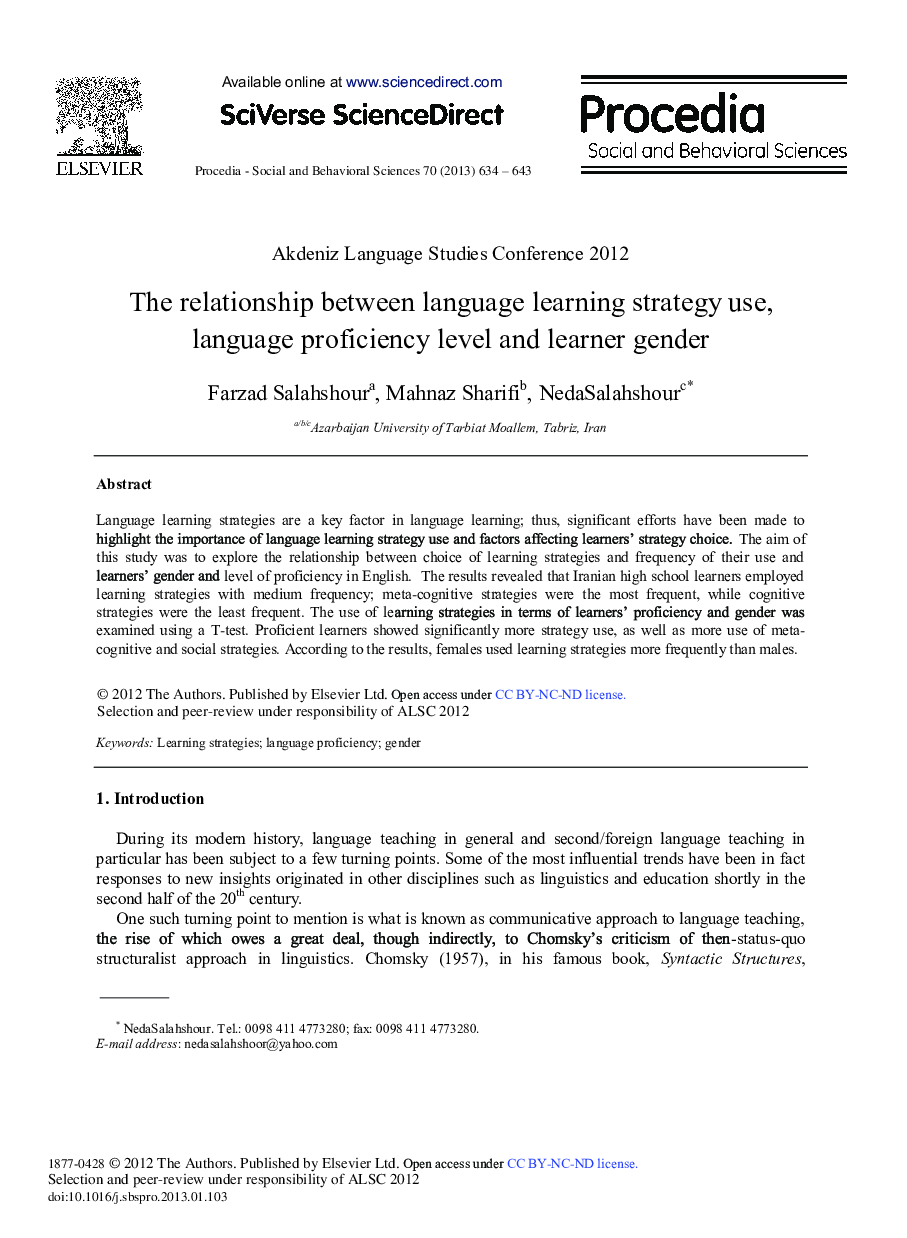 The Relationship between Language Learning Strategy Use, Language Proficiency Level and Learner Gender 