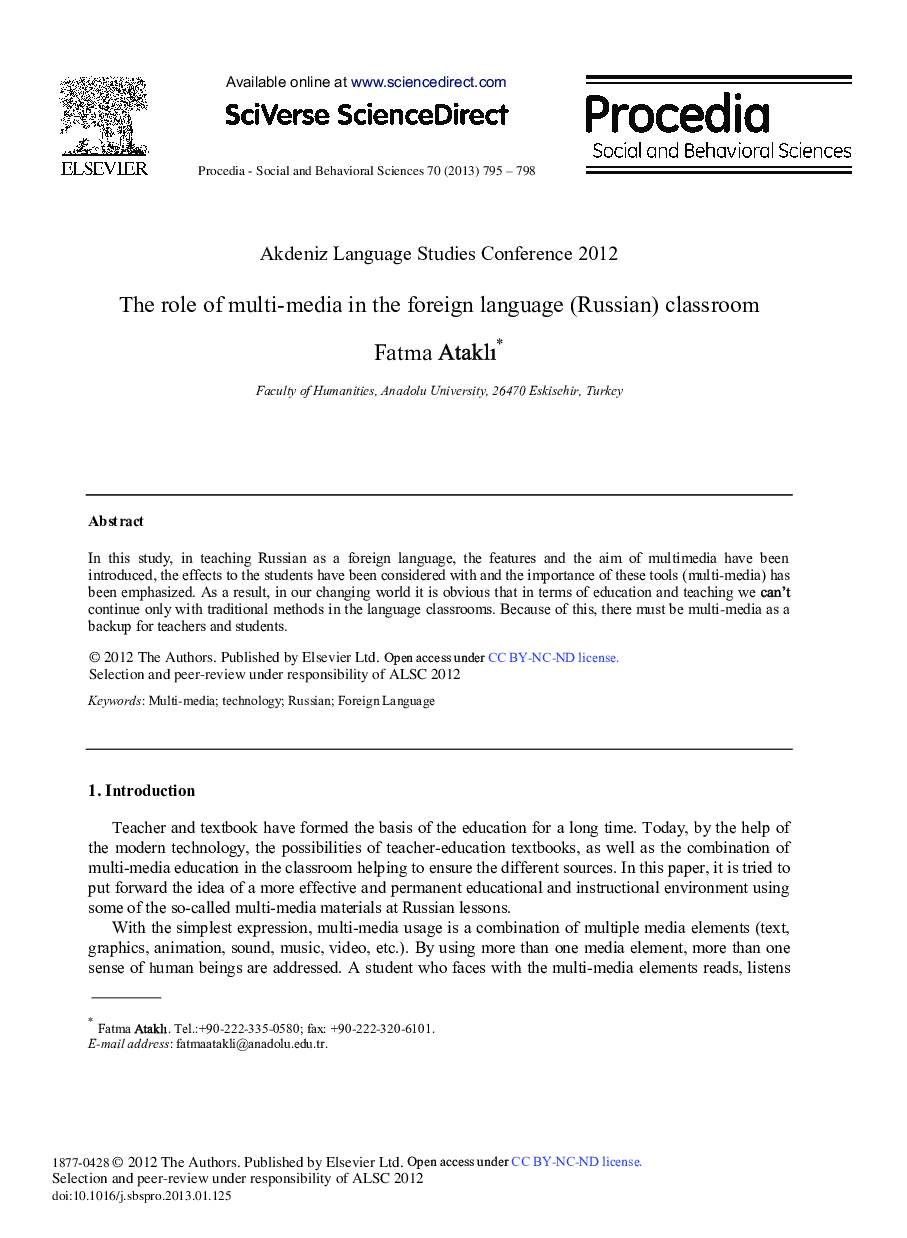 The Role of Multi-Media in the Foreign Language (Russian) Classroom 